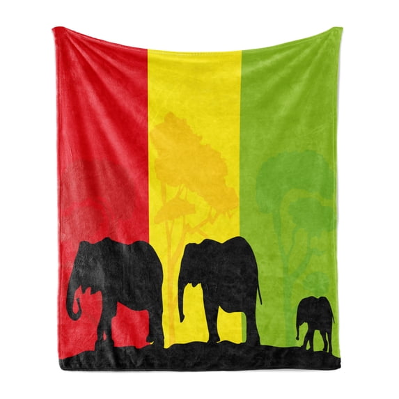 Silhouette Soft Flannel Fleece Throw Blanket, Savannah Fauna Trees Family on Flag, Cozy Plush for Indoor and Outdoor Use, 50" x 60", Yellow Lime Green, by Ambesonne