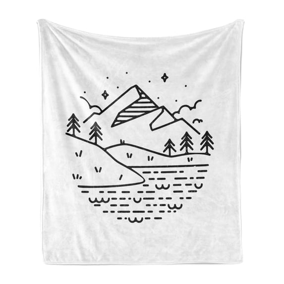 Silhouette Soft Flannel Fleece Throw Blanket, Trees Cliffs River Flow Night Time Rounded Picture Basic Design, Cozy Plush for Indoor and Outdoor Use, 60" x 80", Charcoal Grey and White, by Ambesonne