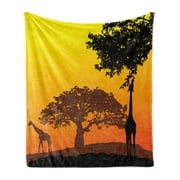 Silhouette Soft Flannel Fleece Throw Blanket, Trees Savannah Desert Giraffe Gradient Illustration, Cozy Plush for Indoor and Outdoor Use, 50" x 60", Orange Chocolate, by Ambesonne