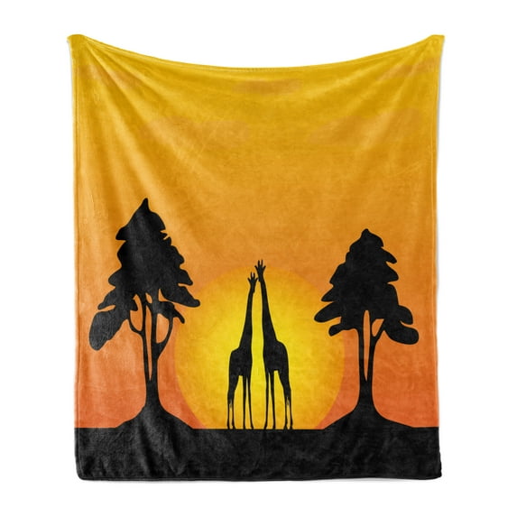 Silhouette Soft Flannel Fleece Throw Blanket, Trees Sun Giraffe Desert Gradient Graphic Pattern, Cozy Plush for Indoor and Outdoor Use, 50" x 70", Yellow Orange, by Ambesonne