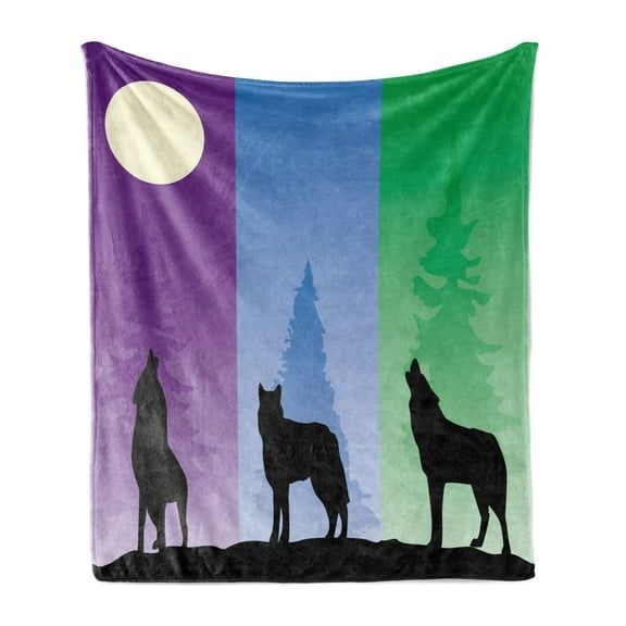Silhouette Soft Flannel Fleece Throw Blanket, Wolf at Night Howling Full Moon Tree Shades, Cozy Plush for Indoor and Outdoor Use, 50" x 70", Multicolor, by Ambesonne