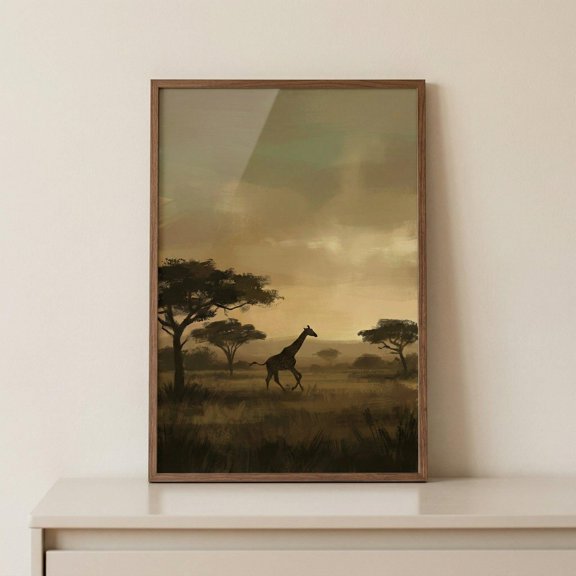 Silhouette Sun Savanna Giraffe Wall Art African Safari Nursery Decor Golden Hour Wildlife Art Minimalist Nature Poster Dusk Landscape