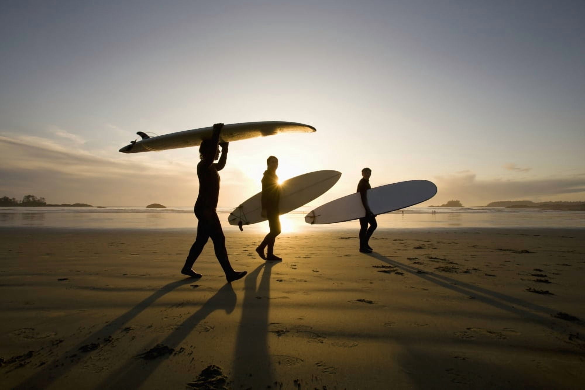 Silhouette Of Three Surfers Carrying Surfboards Chesterman Beach Tofino Vancouver Island British Columbia Canada Canvas Art - Deddeda Design Pics (19 x 12)