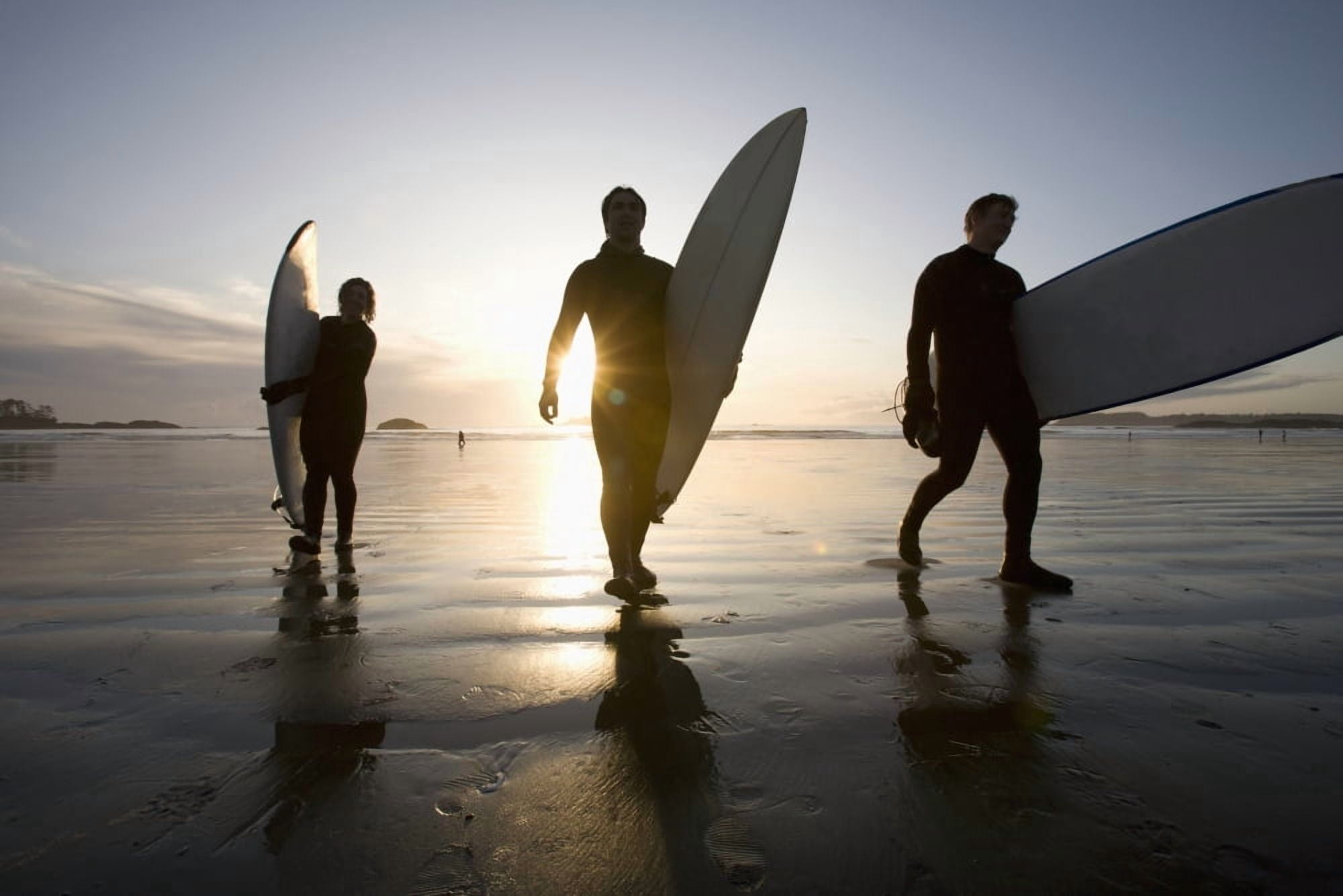 Silhouette Of Three Surfers Carrying Surfboards Chesterman Beach Tofino Vancouver Island British Columbia Canada Canvas Art - Deddeda  Design Pics (38 x 24)