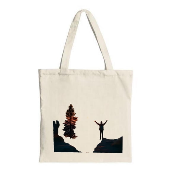 Silhouette Tote Bag: Person on Cliff with Raised Tree & Vibrant Sunset - Stylish Canvas Bag for Shopping Travel & Parties