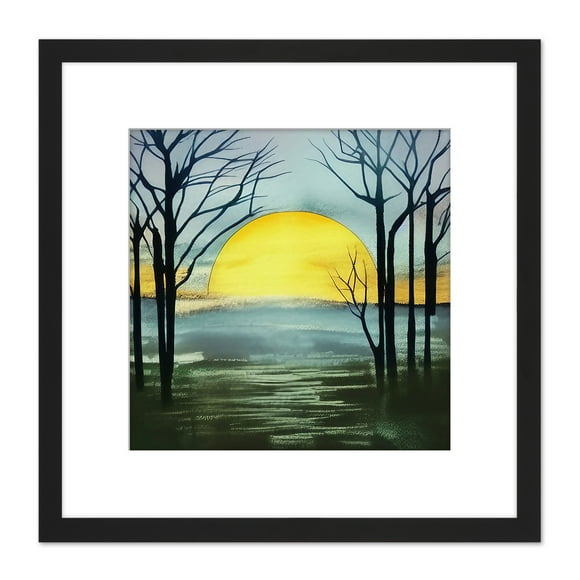 Silhouette Trees At Sunset Sunrise Winter Forest Green Watercolour Painting Square Wooden Framed Wall Art Print Picture 8X8 Inch