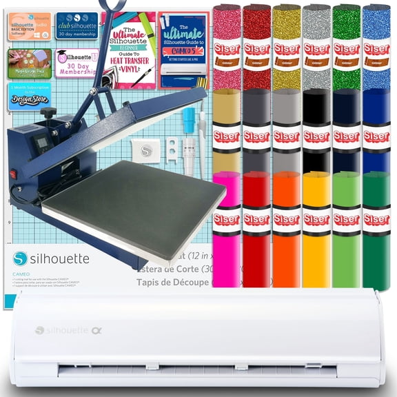 Silhouette White Cameo 5 Alpha w/ 15" x 15" Navy Heat Press & Siser HTV