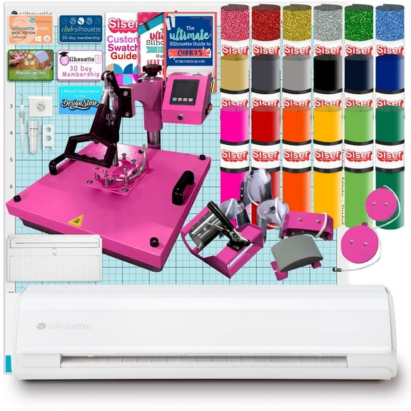 Silhouette White Cameo 5 Alpha w/ 8-in-1 Pink Heat Press & Siser HTV