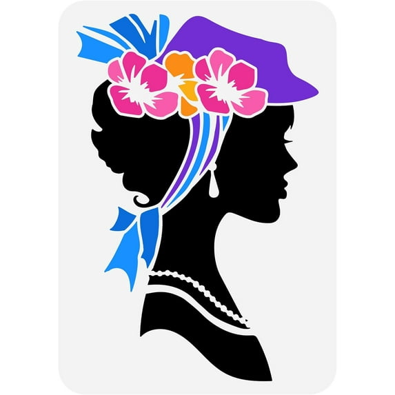 Silhouette Women Stencil 11.7x8.3 inch Beauty Lady Stencil Plastic Girl Wear Flowers Hat Pattern Stencils Reusable DIY Art and Craft Women Face Stencils for Home Wall Painting Decor