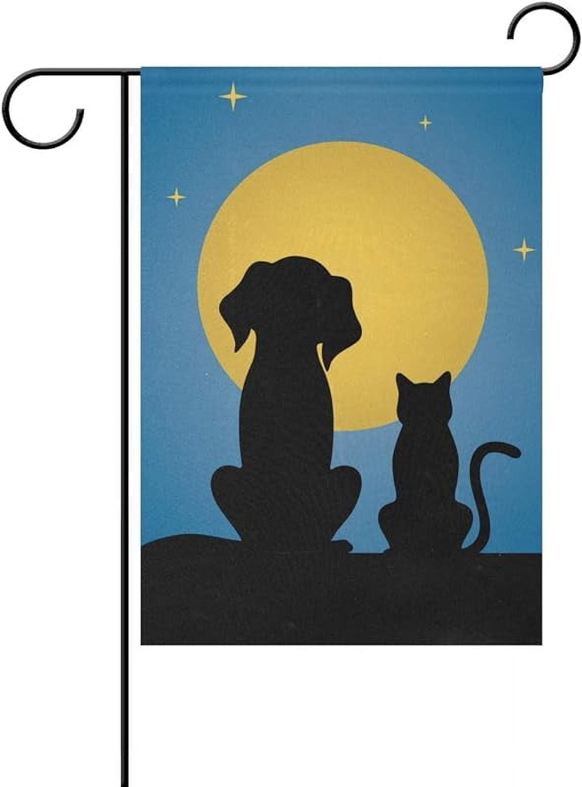 Silhouette of Dog Cat Moon Starry Night Garden Flag Small Yard Flag Double-Sided Welcome Polyester Yard Banner for Outdoor Home Decor