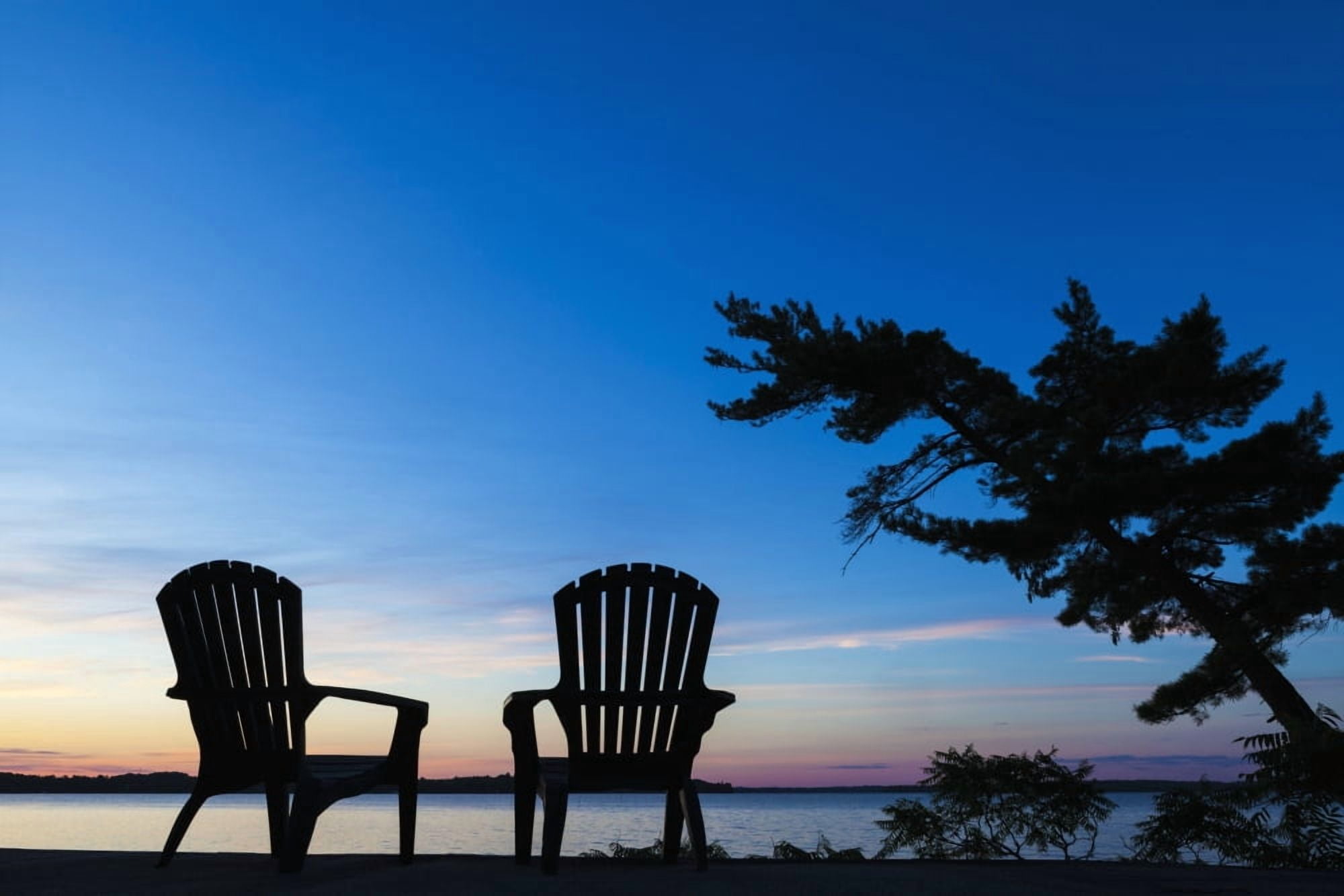 Silhouette of Muskoka chairs and Balsam Lake at sunrise Ontario Canada Canvas Art - Vast Photography Design Pics (38 x 24)
