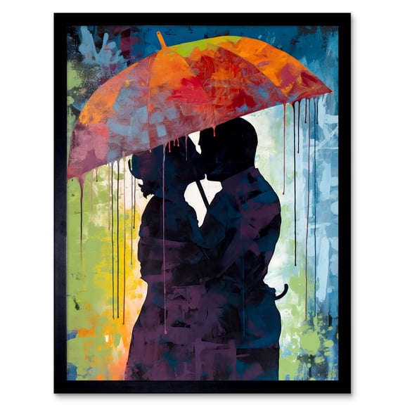 Silhouette of a Couple Kissing Under an Umbrella Art Print Framed Poster Wall Decor 12x16 inch