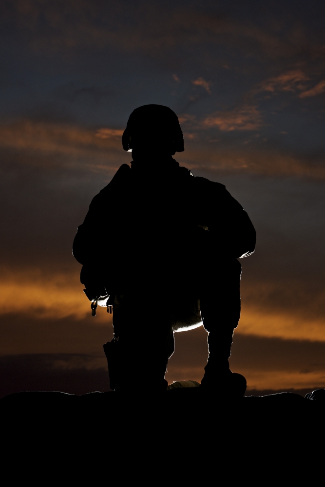 Silhouette of a US Marine in uniform Canvas Art - Terry MooreStocktrek Images (12 x 18)