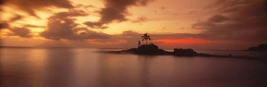 Silhouette of a palm tree on an island at sunset Anse Severe La Digue Island Seychelles Canvas Art - Panoramic Images (18 x 6)