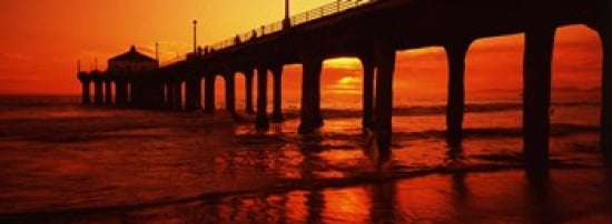Silhouette of a pier at sunset Manhattan Beach Pier Manhattan Beach Los Angeles County California USA Canvas Art - Panoramic Images (36 x 13)