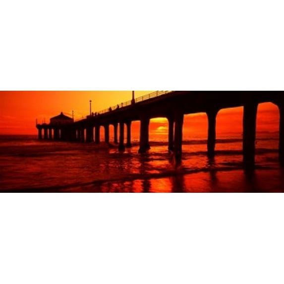 Silhouette of a pier at sunset, Manhattan Beach Pier, Manhattan Beach, Los Angeles County, California, USA Poster Print (18 x 7)
