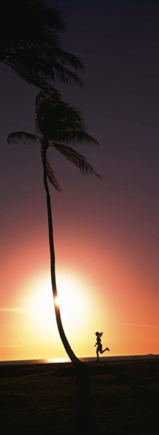 Silhouette of a woman running on the beach Magic Island Hawaii USA Canvas Art - Panoramic Images (18 x 7)
