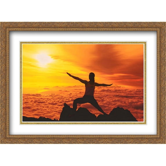 Silhouette of a young woman practicing yoga, Haleakala, Maui, Hawaii, USA 2x Matted 28x22 Large Gold Ornate Framed Art Print
