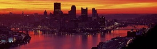 Silhouette of buildings at dawn Three Rivers Stadium Pittsburgh Allegheny County Pennsylvania USA Canvas Art - Panoramic Images (36 x 12)