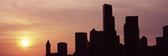 Silhouette of buildings at dusk Seattle King County Washington State USA Canvas Art - Panoramic Images (36 x 12)