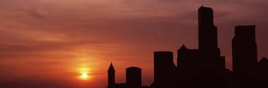 Silhouette of buildings at dusk Seattle King County Washington State USA Canvas Art - Panoramic Images (36 x 12)