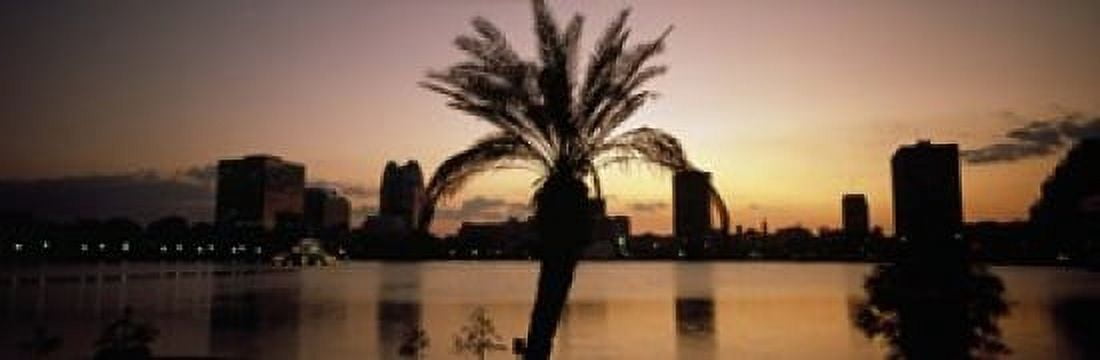 Silhouette of buildings at the waterfront Lake Eola Summerlin Park Orlando Orange County Florida USA Canvas Art - Panoramic Images (18 x 6)