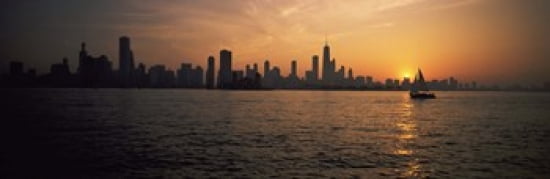 Silhouette of buildings at the waterfront Navy Pier Chicago Illinois USA Canvas Art - Panoramic Images (36 x 12)