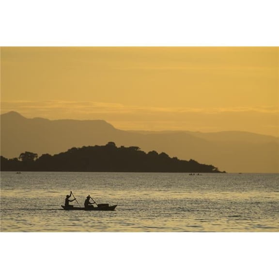 Silhouette of fishermen in dugout canoe leaving Cape Maclear in the evening Lake Malawi; Malawi Poster Print
