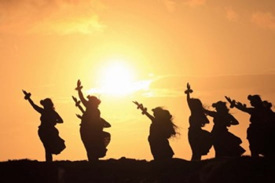 Silhouette of hula dancers at sunrise Molokai Hawaii USA Canvas Art - Panoramic Images (36 x 24)