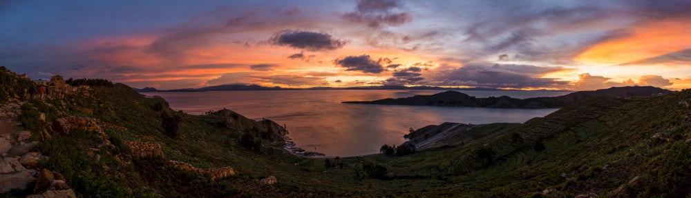 Silhouette of islands in a lake Isla Del Sol Lake Titicaca Bolivia Canvas Art - Panoramic Images (36 x 12)