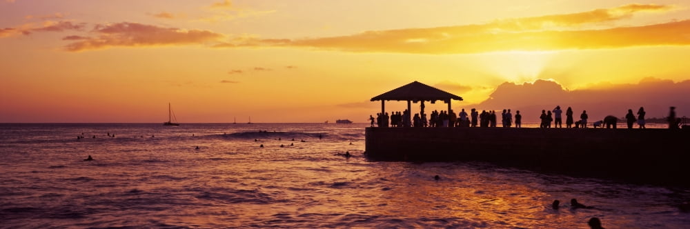Silhouette of people on a dock Resort Dock Oahu Hawaii USA Canvas Art - Panoramic Images (36 x 12)