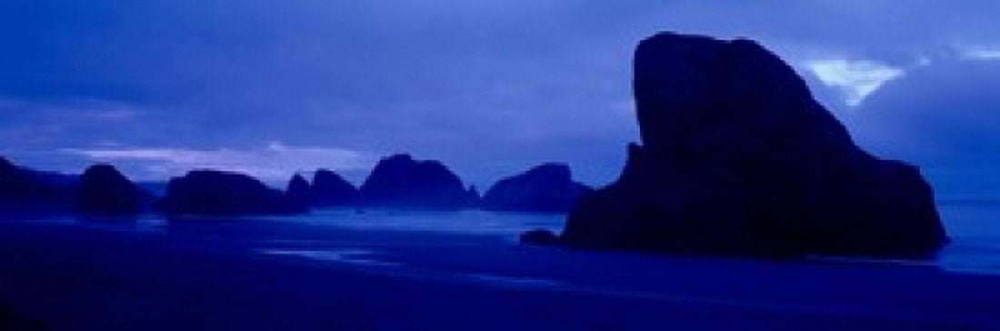Silhouette of rock formations in the sea Myers Creek Beach Oregon USA Canvas Art - Panoramic Images (36 x 12)