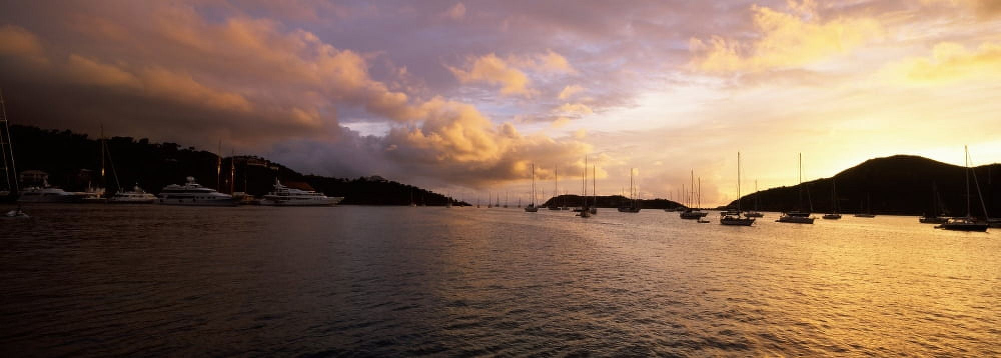 Silhouette of sailboats and mountain at sunset English Harbour Falmouth Bay Antigua Antigua and Barbuda Canvas Art - Panoramic Images (27 x 9)