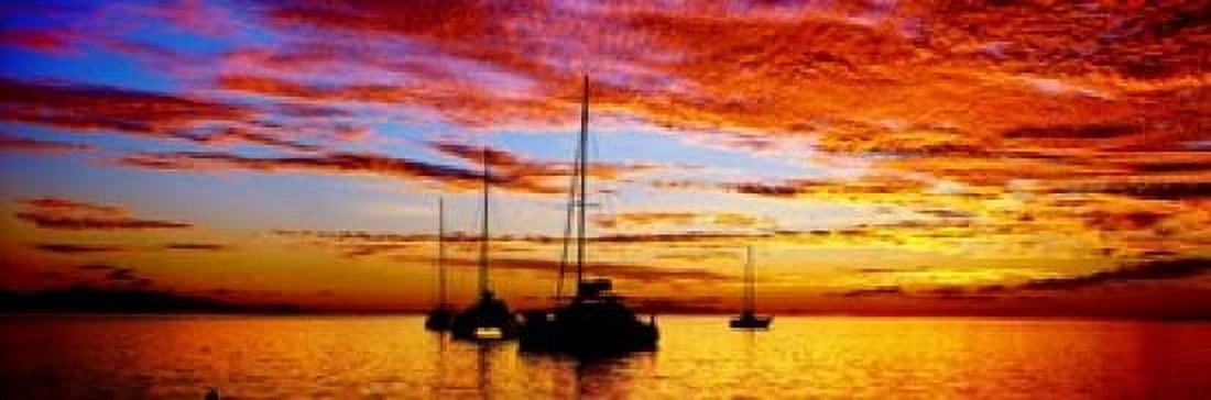 Silhouette of sailboats in the ocean at sunset Tahiti Society Islands French Polynesia Canvas Art - Panoramic Images (18 x 6)