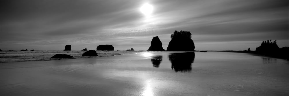 Silhouette of sea stacks at sunset Second Beach Olympic National Park Washington State USA Canvas Art - Panoramic Images (12 x 36)