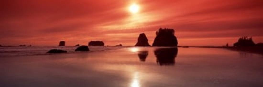Silhouette of sea stacks at sunset Second Beach Olympic National Park Washington State USA Canvas Art - Panoramic Images (18 x 6)