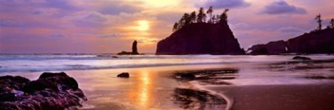 Silhouette of sea stacks at sunset Second Beach Olympic National Park Washington State USA Canvas Art - Panoramic Images (18 x 6)