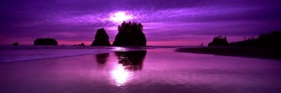 Silhouette of sea stacks at sunset Second Beach Olympic National Park Washington State USA Canvas Art - Panoramic Images (36 x 12)