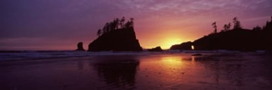 Silhouette of seastacks at sunset Second Beach Washington State USA Canvas Art - Panoramic Images (36 x 12)