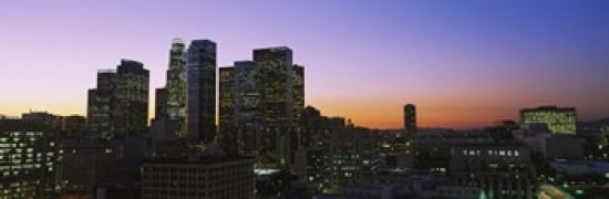 Silhouette of skyscrapers at dusk City of Los Angeles California USA Canvas Art - Panoramic Images (36 x 12)