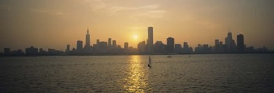 Silhouette of skyscrapers at the waterfront Chicago Cook County Illinois USA Canvas Art - Panoramic Images (36 x 13)