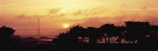 Silhouette of trees at dusk with a bridge in the background Golden Gate Bridge San Francisco California USA Canvas Art - Panoramic Images (36 x 12)