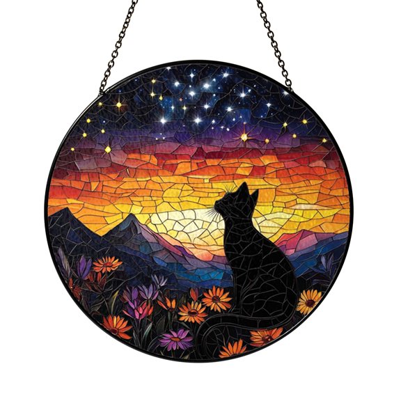 Silhouetted Cat Resting Among Wildflowers Stained Glass Suncatcher Tranquil Meadow Window Hanging Soft Nature Cat Decor