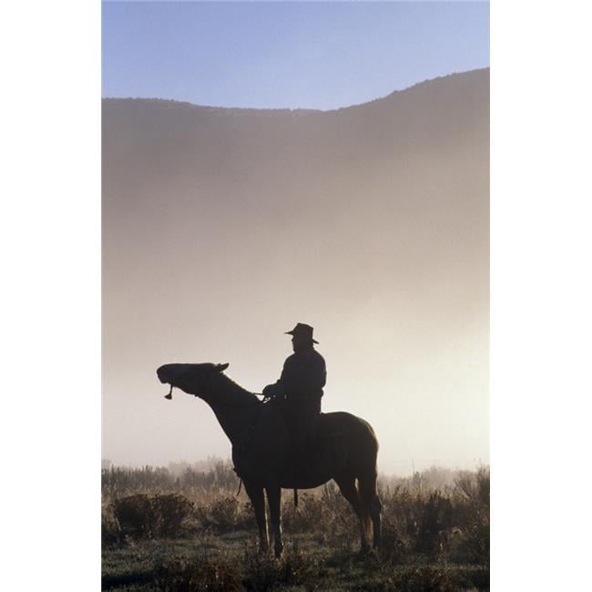 Silhouetted Cowboy On Horseback in Fog Poster Print by Natural ...