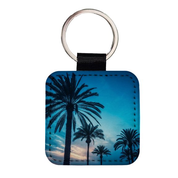 Silhouetted Palm Trees Blue Sky Faux Leather Square Keychain