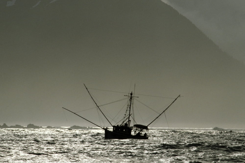 Silhouetted Salmon Troller Fishing Off Icy Point Gulf Of Alaska During Mid-Summer Canvas Art - Chip Porter Design Pics (17 x 11)