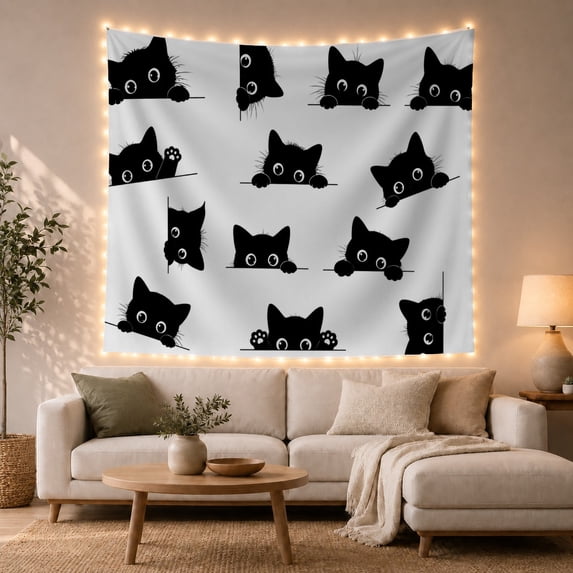 Silhouettes Depicted Heads with Some Paws Arranged Grid, Playful Illustration for Cat Lovers, Animal Wall Decor, Valentine'S Day Gift, Tapestry Wall Hanging for Bedroom and Dorm