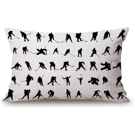 Silhouettes Hockey Players Pillow Cover Farmhouse Sport ice Skating Man Winter Decorations Cushion Case for Sofa Couch Cotton Linen 12x20 Inches