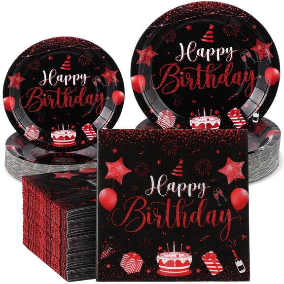 SiliFine 120 Pcs Happy Birthday Party Supplies Tableware Set Disposable Happy Birthday Plates and Napkins for Guests Man Woman 50th 70th 80th Birthday Party Decorations (Black Red) Y114