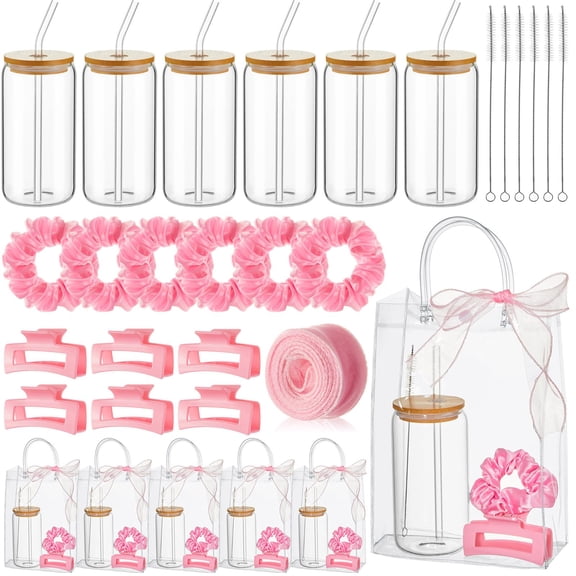 SiliFine 25 Pcs/6 Set Gifts for Girls, Gifts for Girls Party Supplies, 6 Glass Cups, 6 Hair Bands, 6 Hair Clip, 6 Tote Bags, 1 Ribbon for Women Spa Sleepover Slumber Party Favor Y101
